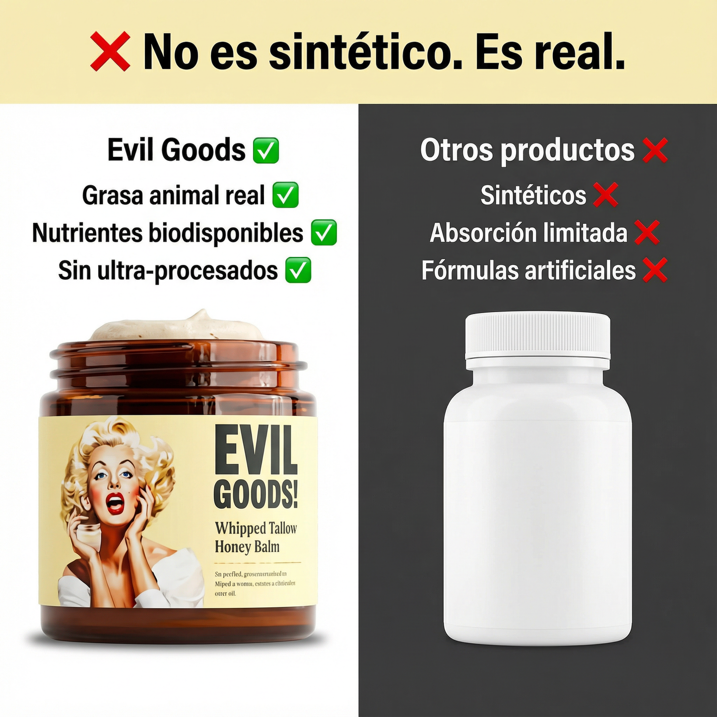 Evil Goods™ Crema Rejuvenecedora in a jar, showcasing its rich, creamy texture and elegant packaging design.