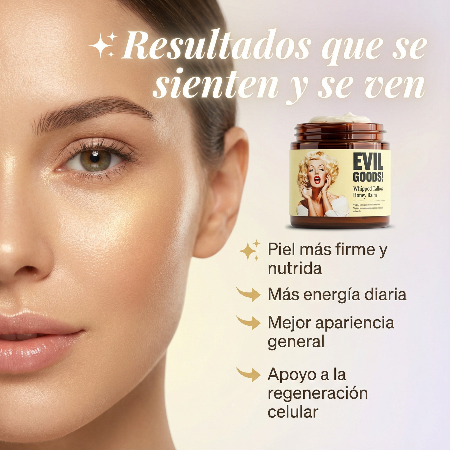 Evil Goods™ Crema Rejuvenecedora in a sleek jar, showcasing the rich, creamy texture and elegant packaging design.
