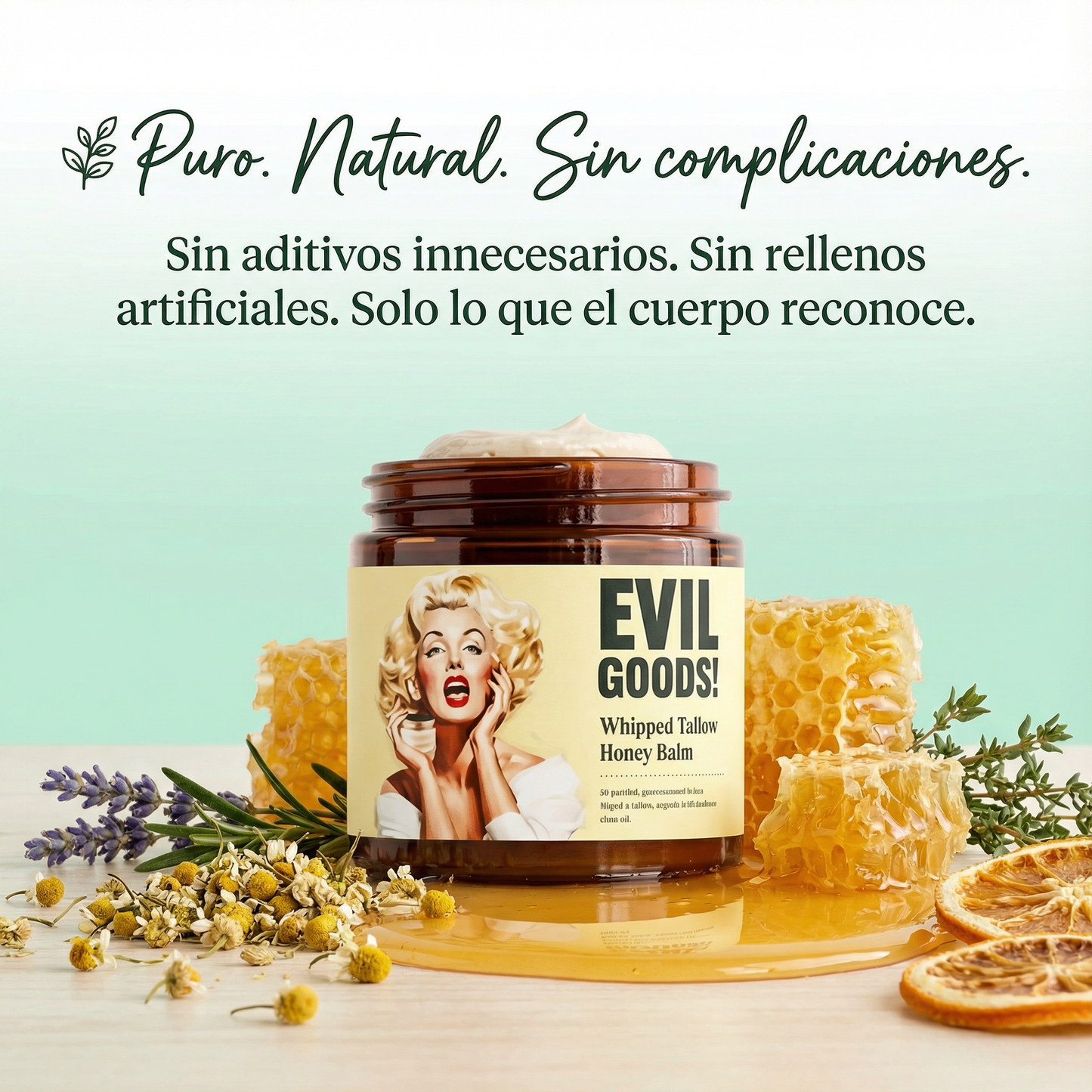 Evil Goods™ Crema Rejuvenecedora in a jar, showcasing its creamy texture and sleek packaging on a neutral background.