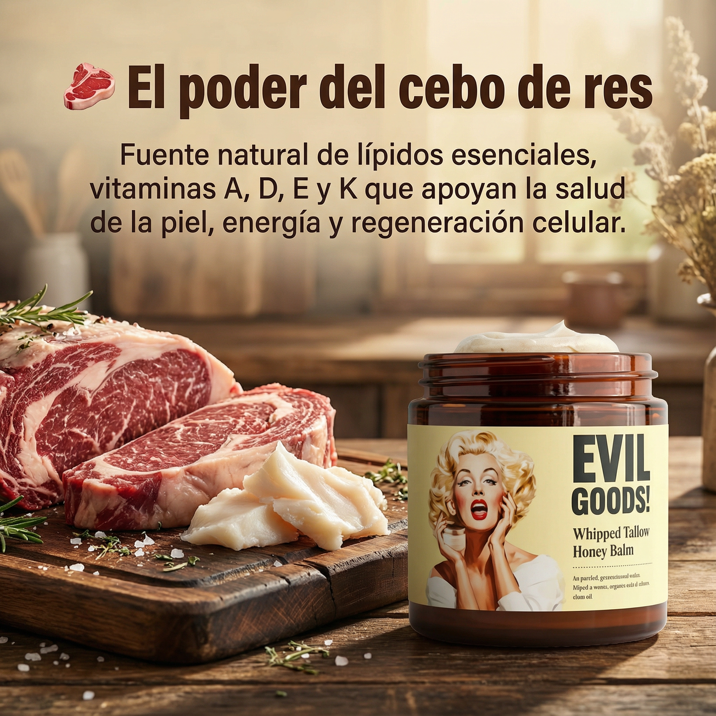 Evil Goods™ Crema Rejuvenecedora in a sleek container, showcasing a smooth, creamy texture and a vibrant label design.