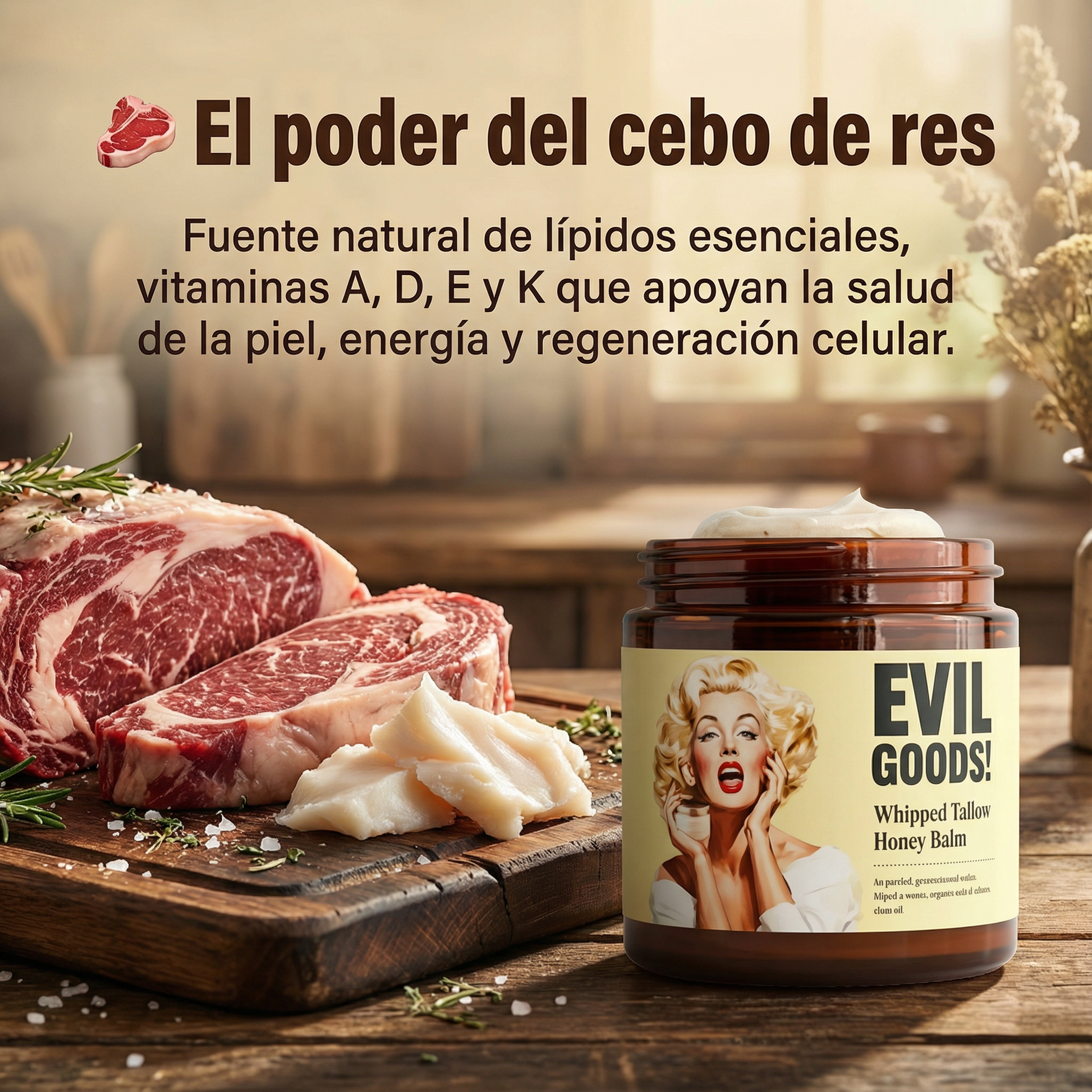 Evil Goods™ Crema Rejuvenecedora in a sleek container, showcasing a smooth, creamy texture and a vibrant label design.