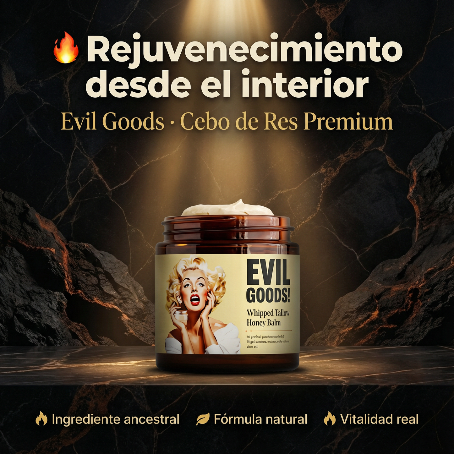 Evil Goods™ Crema Rejuvenecedora in a jar, showcasing its creamy texture and branding on the label.